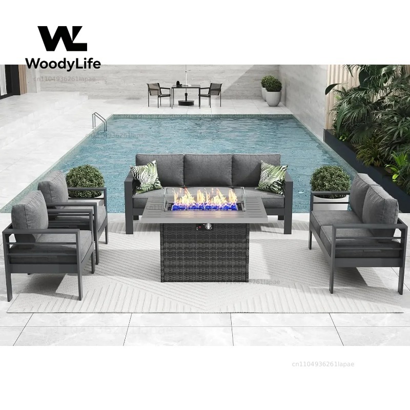 Outdoor Furniture Set With Fire Pit - Zestaw mebli ogrodowych z nowoczesnego aluminium,