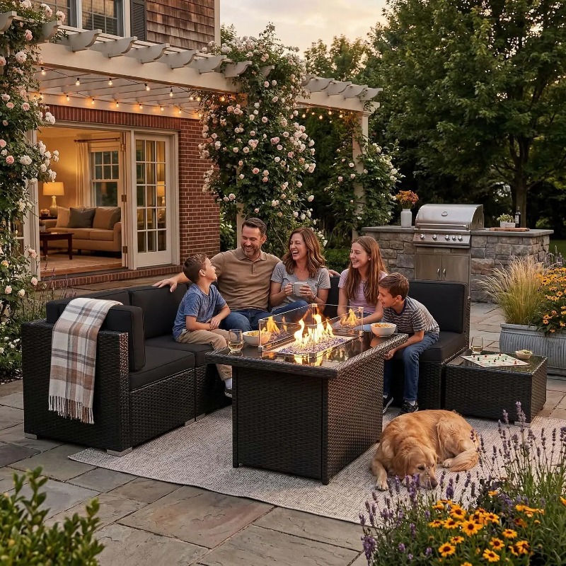Outdoor Furniture Set With Fire Pit - 8-częściowy zestaw mebli ogrodowych z wikliny