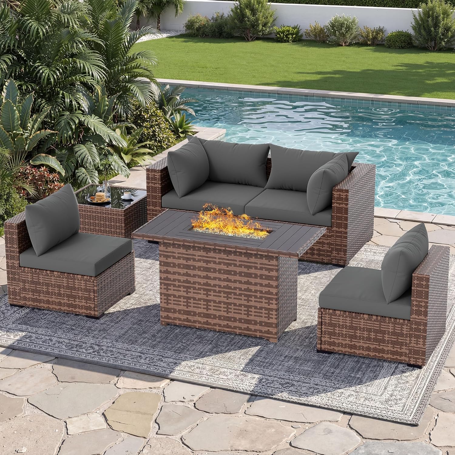 Outdoor Furniture Set With Fire Pit - 5-częściowy zestaw mebli ogrodowych z sofą