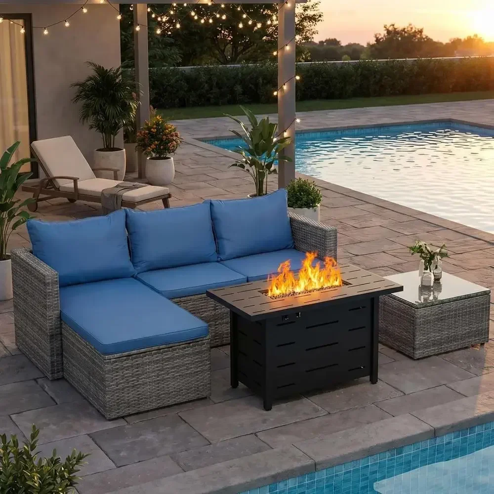 Outdoor Furniture Set With Fire Pit - 4-częściowy zestaw mebli ogrodowych z wikliny
